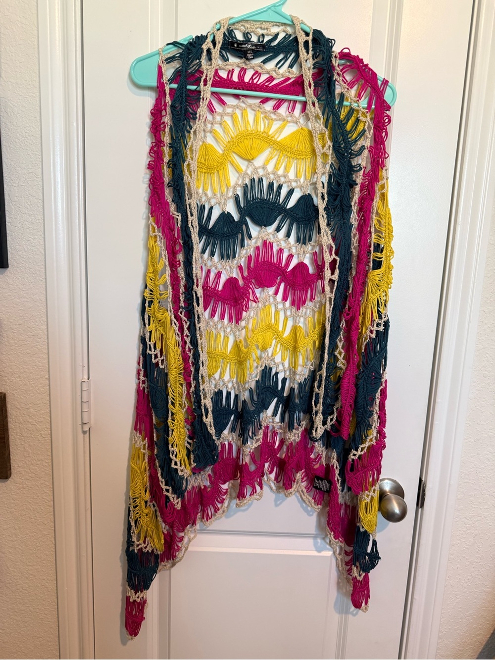 Umgee Multicolor Crochet Throw Vest - hit Pink, mustard Yellow, Teal and cream